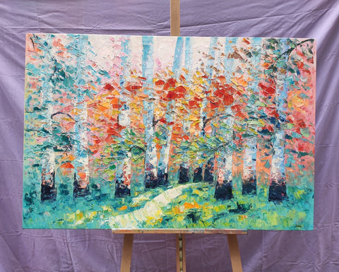 Custom Canvas Painting, Abstract Landscape Painting, Autumn Birch Tree, Canvas Painting-Grace Painting Crafts