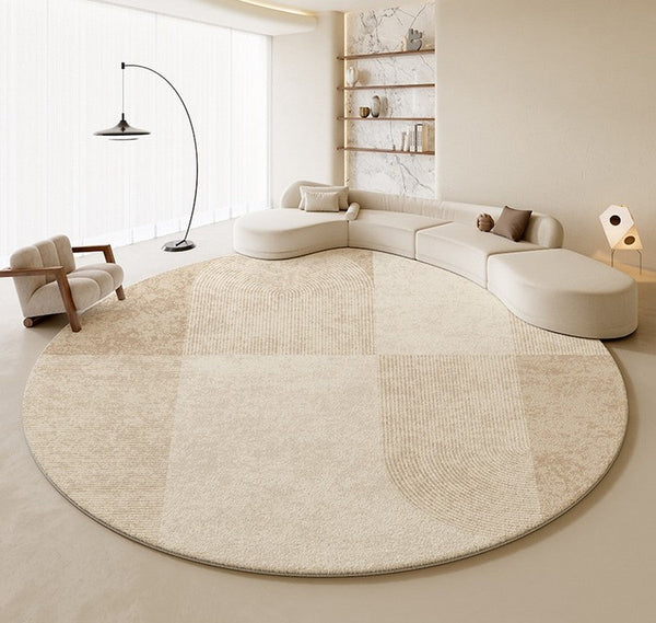 Modern Round Rugs under Coffee Table, Circular Rugs for Dining Table, Abstract Contemporary Rugs for Bedroom, Modern Cream Color Rugs for Living Room-Grace Painting Crafts