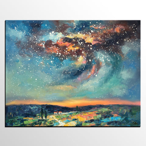 Landscape Painting, Custom Large Canvas Wall Art, Starry Night Sky Canvas Painting, Heavy Texture Wall Art-Grace Painting Crafts