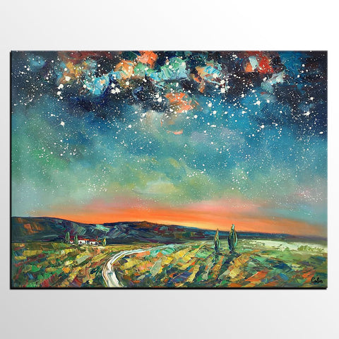 Abstract Landscape Oil Painting, Starry Night Sky Painting, Custom Large Canvas Painting, Heavy Texture Painting-Grace Painting Crafts