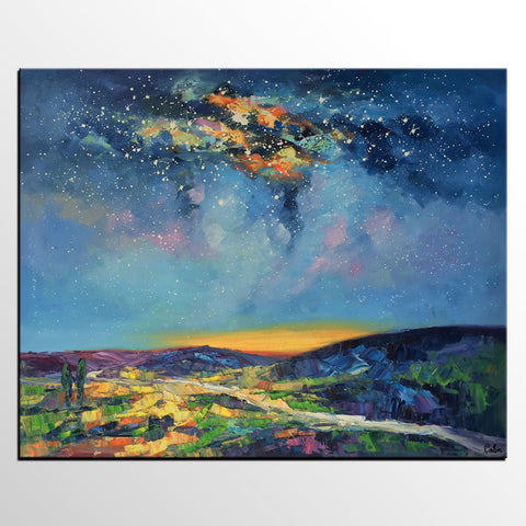 Bedroom Art, Abstract Painting, Starry Night Sky, Landscape Painting, Custom Large Art-Grace Painting Crafts