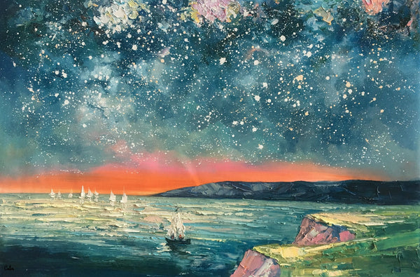 Heavy Texture Painting, Landscape Oil Painting, Starry Night Sky Painting, Custom Large Canvas Painting-Grace Painting Crafts