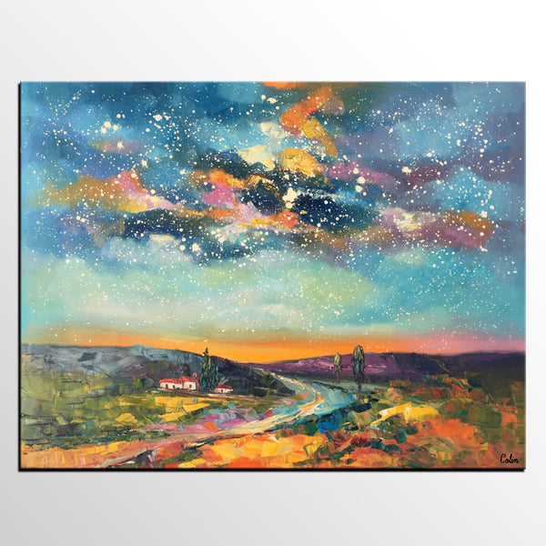 Custom Large Landscape Painting, Starry Night Sky Painting, Living Room Wall Art, Canvas Painting, Impasto Art, Oil Painting-Grace Painting Crafts