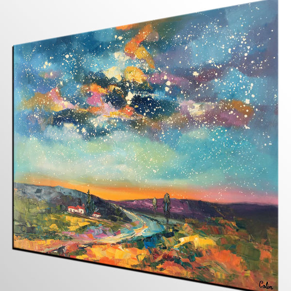 Custom Large Landscape Painting, Starry Night Sky Painting, Living Room Wall Art, Canvas Painting, Impasto Art, Oil Painting-Grace Painting Crafts