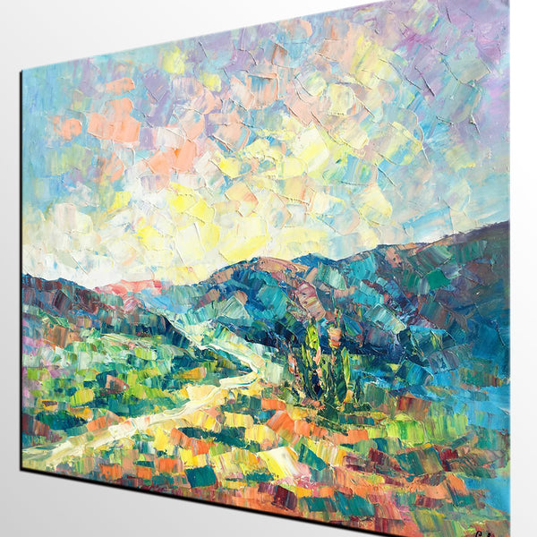 Canvas Painting, Heavy Texture Artwork, Spring Mountain Painting, Custom Landscape Oil Painting-Grace Painting Crafts