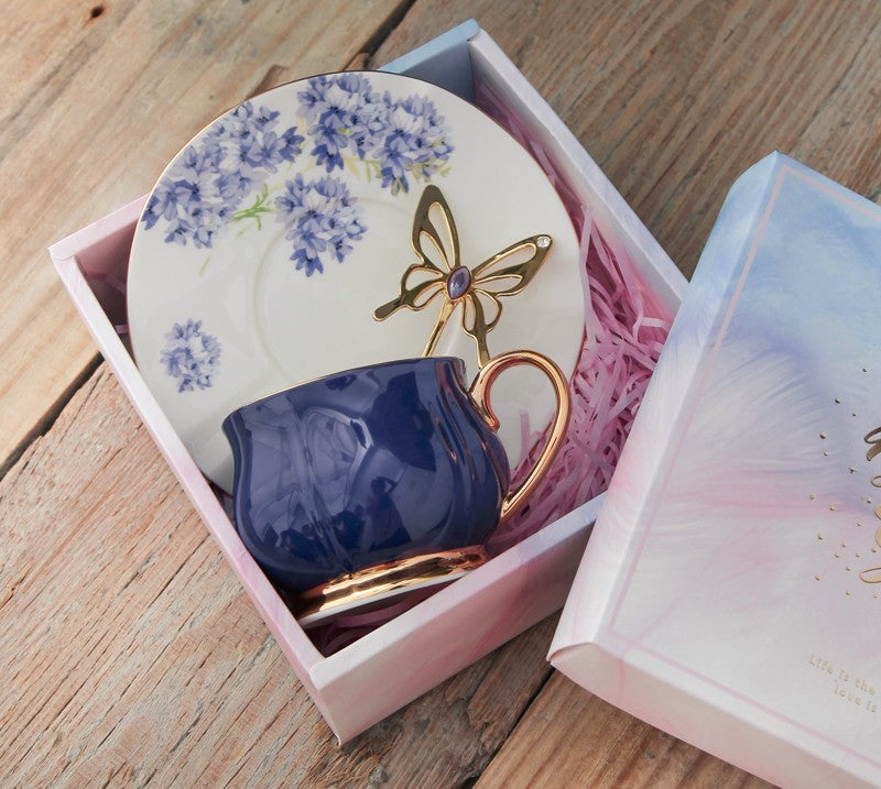 Elegant Purple Ceramic Cups, Unique Coffee Cup and Saucer in Gift Box as Birthday Gift, Beautiful British Tea Cups, Creative Bone China Porcelain Tea Cup Set-Grace Painting Crafts