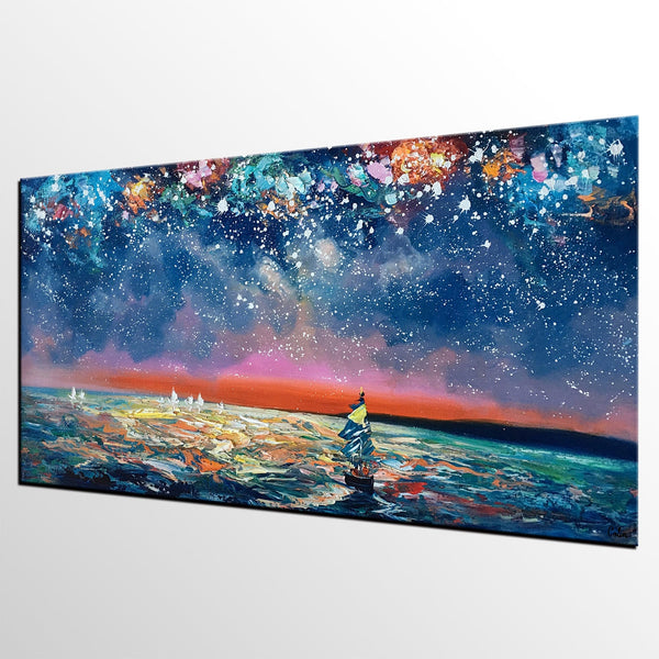 Canvas Wall Art, Sail Boad under Starry Night Painting, Seascape Painting, Custom Large Canvas Wall Art, Original Artwork-Grace Painting Crafts