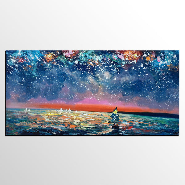 Canvas Wall Art, Sail Boad under Starry Night Painting, Seascape Painting, Custom Large Canvas Wall Art, Original Artwork-Grace Painting Crafts