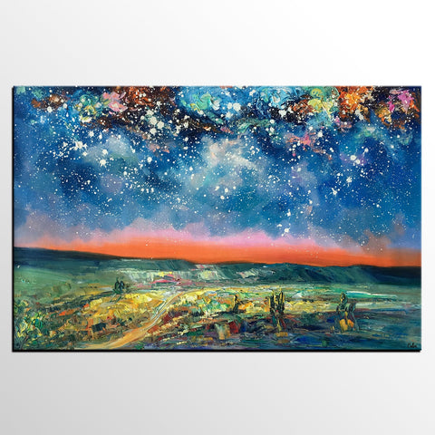 Landacape Canvas Painting, Starry Night Sky Painting, Original Landscape Painting, Heavy Texture Art Painting, Palette Knife Painting-Grace Painting Crafts