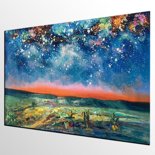 Landacape Canvas Painting, Starry Night Sky Painting, Original Landscape Painting, Heavy Texture Art Painting, Palette Knife Painting-Grace Painting Crafts