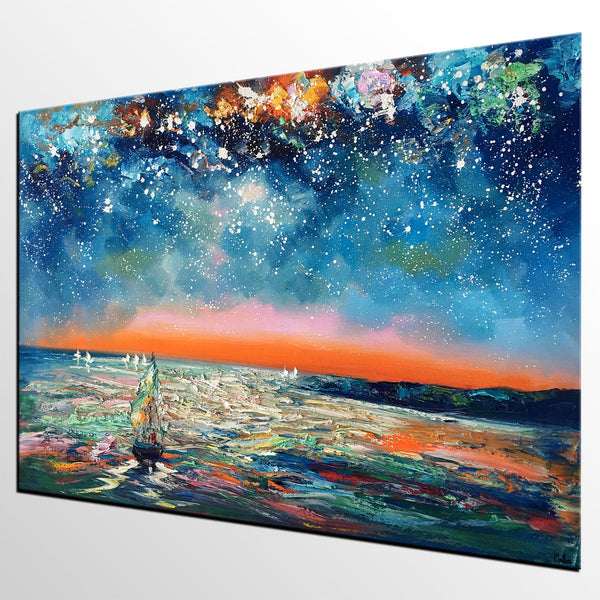 Canvas Painting Landscape, Oil Painting on Canvas, Sail Boat under Starry Night Sky Painting, Custom Art, Landscape Painting for Living Room-Grace Painting Crafts