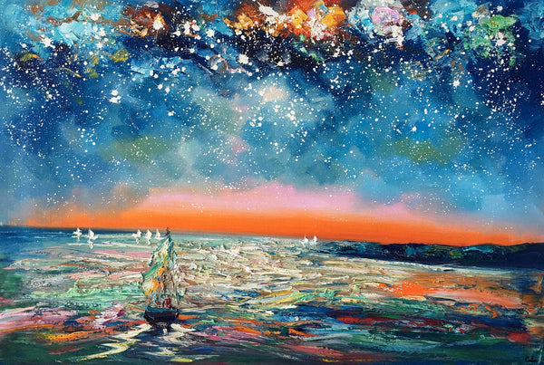 Canvas Painting Landscape, Oil Painting on Canvas, Sail Boat under Starry Night Sky Painting, Custom Art, Landscape Painting for Living Room-Grace Painting Crafts