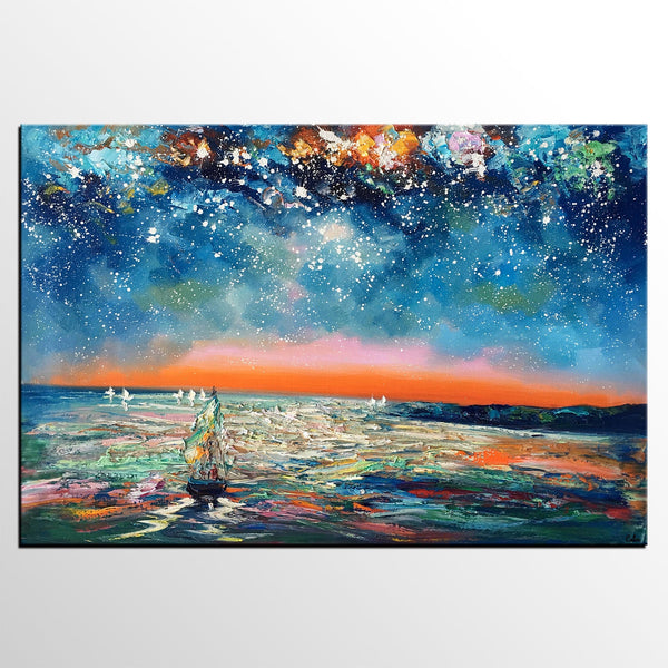 Canvas Painting Landscape, Oil Painting on Canvas, Sail Boat under Starry Night Sky Painting, Custom Art, Landscape Painting for Living Room-Grace Painting Crafts