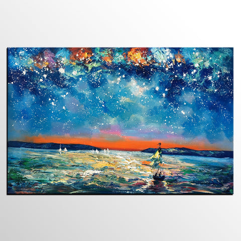 Large Canvas Art Painting, Sail Boat under Starry Night Painting, Custom Large Oil Painting-Grace Painting Crafts