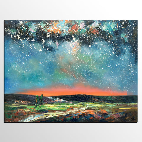 Landscape Canvas Painting, Starry Night Sky Painting, Hand Painted Canvas Art Painting, Landscape Painting for Bedroom, Custom Canvas Painting for Sale-Grace Painting Crafts