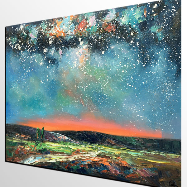 Landscape Canvas Painting, Starry Night Sky Painting, Hand Painted Canvas Art Painting, Landscape Painting for Bedroom, Custom Canvas Painting for Sale-Grace Painting Crafts