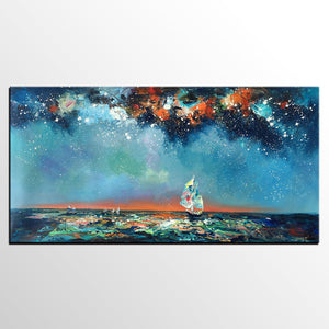 Custom Extra Large Wall Art, Office Painting, Sail Boat under Starry Night Painting, Seascape Painting, Original Artwork-Grace Painting Crafts