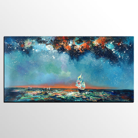 Custom Extra Large Wall Art, Office Painting, Sail Boat under Starry Night Painting, Seascape Painting, Original Artwork-Grace Painting Crafts