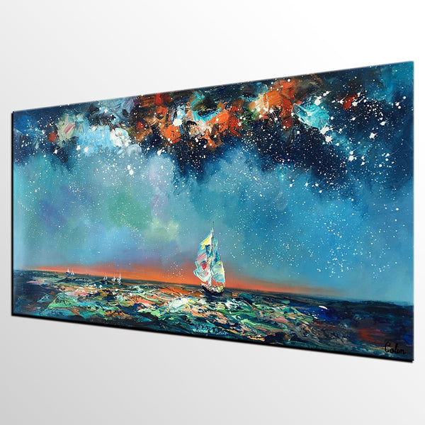 Custom Extra Large Wall Art, Office Painting, Sail Boat under Starry Night Painting, Seascape Painting, Original Artwork-Grace Painting Crafts