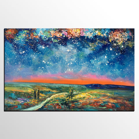 Large Canvas Art Painting, Starry Night Landscape Painting, Custom Large Oil Painting-Grace Painting Crafts