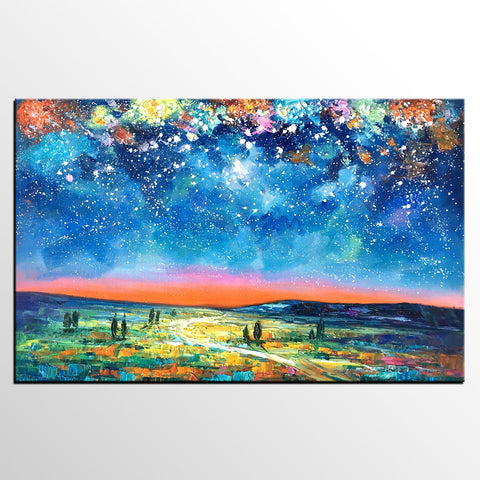 Landscape Oil Paintings, Starry Night Sky Painting, Custom Artwork, Heavy Texture Oil Painting, Landscape Painting for Living Room-Grace Painting Crafts