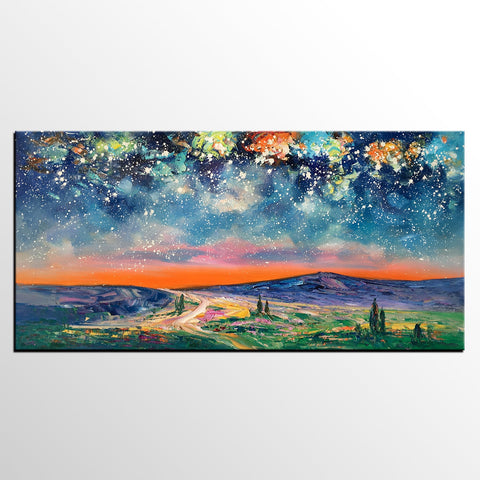 Landscape Oil Painting, Starry Night Sky Painting, Bedroom Wall Art Paintings, Custom Original Painting on Canvas-Grace Painting Crafts