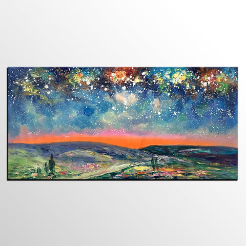 Starry Night Sky Painting, Custom Extra Large Painting, Original Landscape Painting, Canvas Painting for Dining Room-Grace Painting Crafts