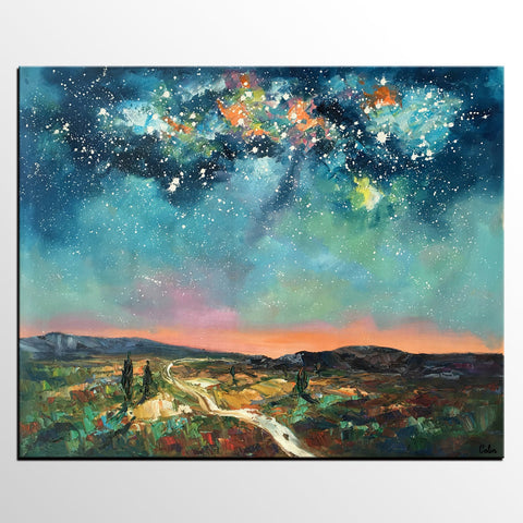 Heavy Texture Landscape Painting, Abstract Landscape Painting, Starry Night Sky, Custom Large Painting-Grace Painting Crafts