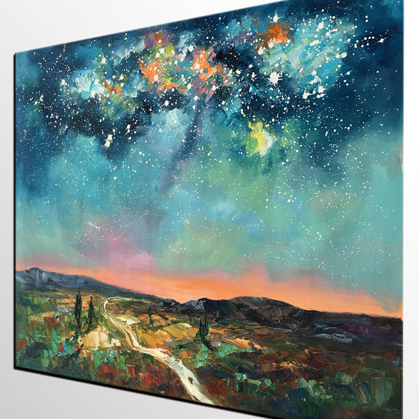 Heavy Texture Landscape Painting, Abstract Landscape Painting, Starry Night Sky, Custom Large Painting-Grace Painting Crafts