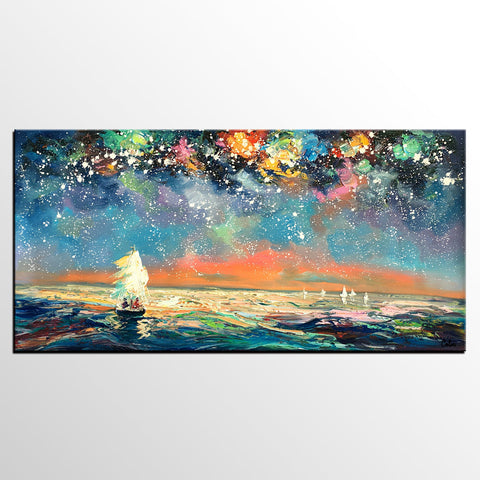 Palette Knife Painting, Impasto Painting, Starry Night Sky Painting, Landscape Canvas Painting for Dining Room, Custom Large Original Painting-Grace Painting Crafts