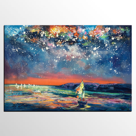 Custom Large Oil Painting, Large Canvas Art Painting, Sail Boat under Starry Night Painting-Grace Painting Crafts