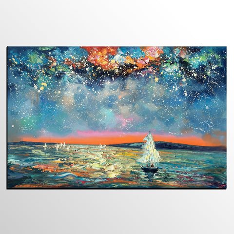 Large Canvas Art Painting, Custom Large Oil Painting, Sail Boat under Starry Night Painting-Grace Painting Crafts