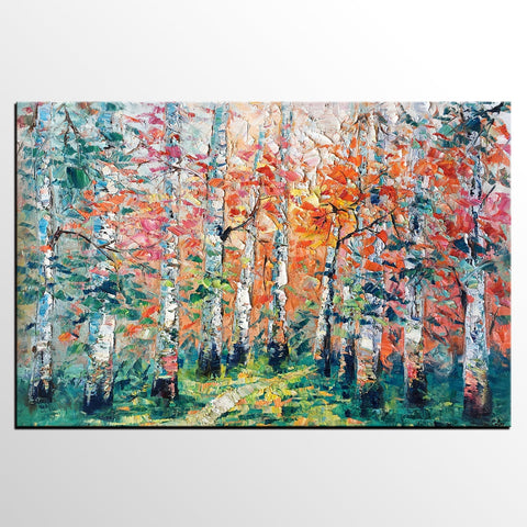 Abstract Landscape Painting, Custom Canvas Painting for Living Room, Heavy Texture Canvas Painting, Autumn Birch Tree-Grace Painting Crafts