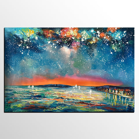 Buy Art Online, Abstract Art for Sale, Sail Boat under Starry Night Sky Painting, Custom Art-Grace Painting Crafts