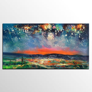 Canvas Painting for Dining Room, Custom Extra Large Painting, Starry Night Sky Painting, Original Landscape Painting-Grace Painting Crafts