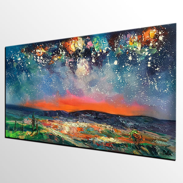 Canvas Painting for Dining Room, Custom Extra Large Painting, Starry Night Sky Painting, Original Landscape Painting-Grace Painting Crafts