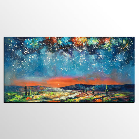 Canvas Painting for Bedroom, Starry Night Sky Painting, Custom Landscape Painting-Grace Painting Crafts