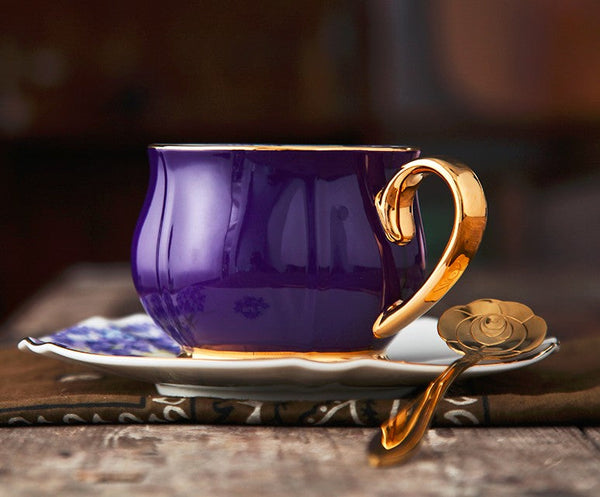 Elegant Purple Ceramic Cups, Unique Coffee Cup and Saucer in Gift Box as Birthday Gift, Beautiful British Tea Cups, Creative Bone China Porcelain Tea Cup Set-Grace Painting Crafts