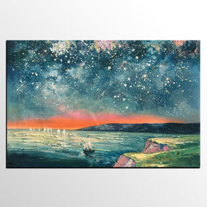 Heavy Texture Painting, Landscape Oil Painting, Starry Night Sky Painting, Custom Large Canvas Painting-Grace Painting Crafts