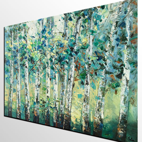 Heavy Texture Canvas Painting, Abstract Landscape Painting, Custom Canvas Painting, Autumn Birch Tree-Grace Painting Crafts