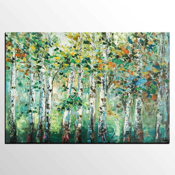 Heavy Texture Canvas Painting, Abstract Landscape Painting, Custom Canvas Painting, Autumn Birch Tree-Grace Painting Crafts