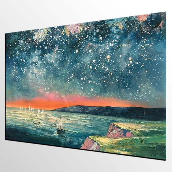 Heavy Texture Painting, Landscape Oil Painting, Starry Night Sky Painting, Custom Large Canvas Painting-Grace Painting Crafts