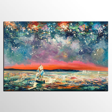 Landscape Canvas Painting, Sail Boat under Starry Night Sky, Canvas Painting for Sale, Custom Landscape Wall Art Paintings, Original Landscape Painting-Grace Painting Crafts