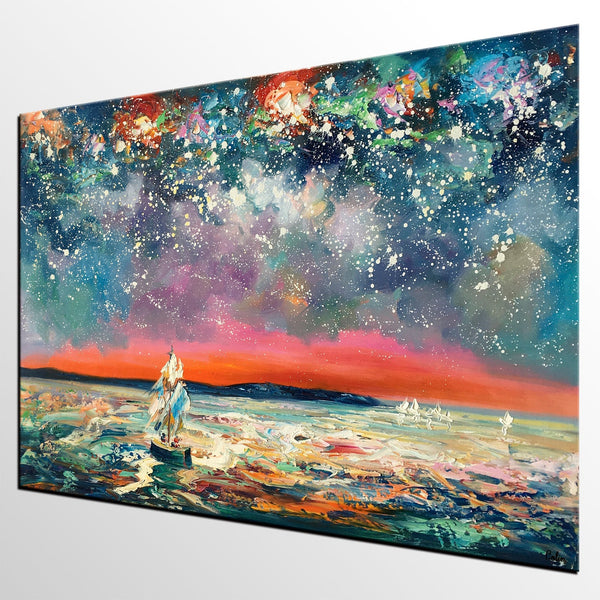 Landscape Canvas Painting, Sail Boat under Starry Night Sky, Canvas Painting for Sale, Custom Landscape Wall Art Paintings, Original Landscape Painting-Grace Painting Crafts