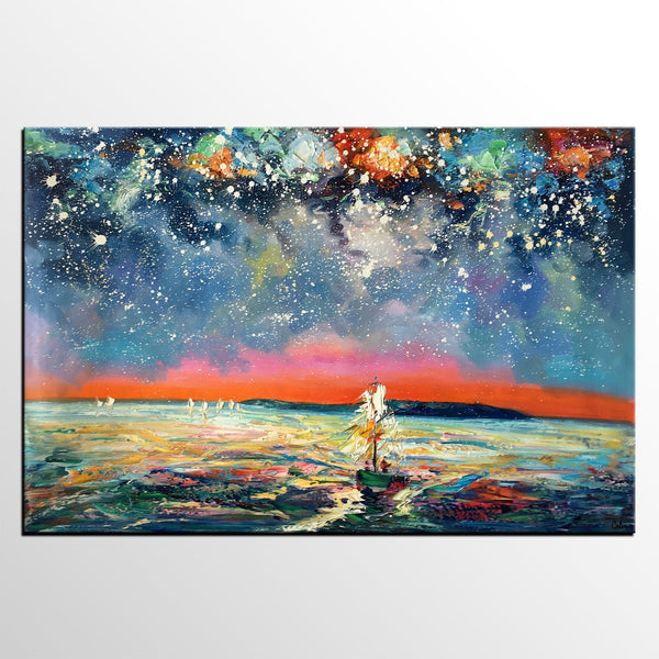 Canvas Painting, Abstract Art, Sail Boat under Starry Night Sky, Custom Landscape Wall Art, Original Painting-Grace Painting Crafts