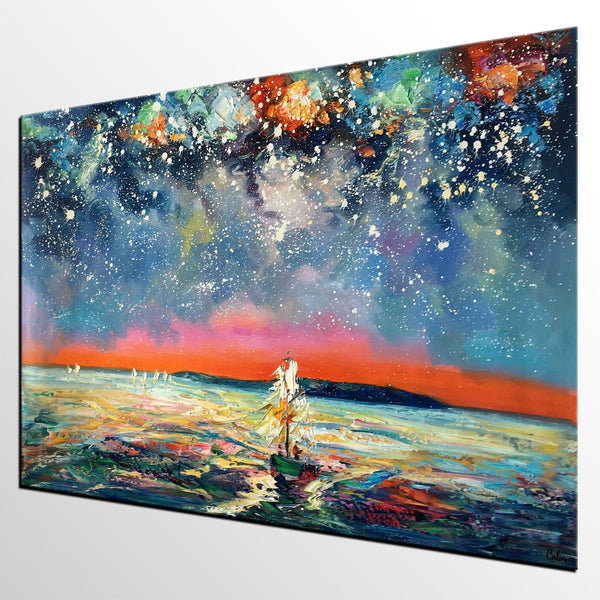 Canvas Painting, Abstract Art, Sail Boat under Starry Night Sky, Custom Landscape Wall Art, Original Painting-Grace Painting Crafts