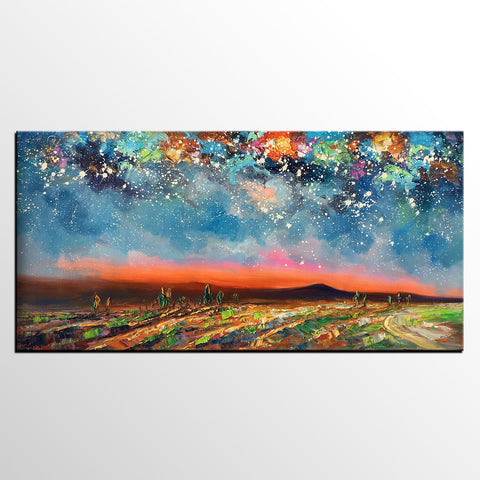 Starry Night Sky Painting, Custom Landscape Painting, Canvas Painting for Bedroom-Grace Painting Crafts