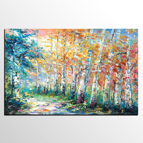 Landscape Painting, Canvas Painting, Birch Tree, Custom Large Abstract Art, Heavy Texture Art-Grace Painting Crafts