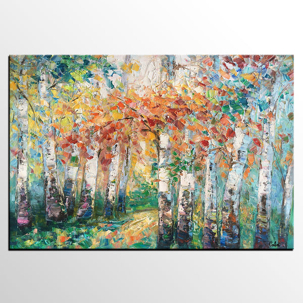 Autumn Birch Tree Painting, Heavy Texture Canvas Painting, Abstract Landscape Painting, Custom Canvas Painting for Dining Room-Grace Painting Crafts