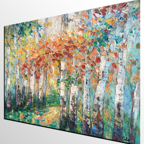 Autumn Birch Tree Painting, Heavy Texture Canvas Painting, Abstract Landscape Painting, Custom Canvas Painting for Dining Room-Grace Painting Crafts